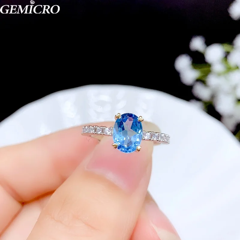 Gemicro Natural Blue Topaz Rings with Oval 6*8mm Gemstone and 925 Sterling Silver Jewelry for Women Engagement Birthstone Gift