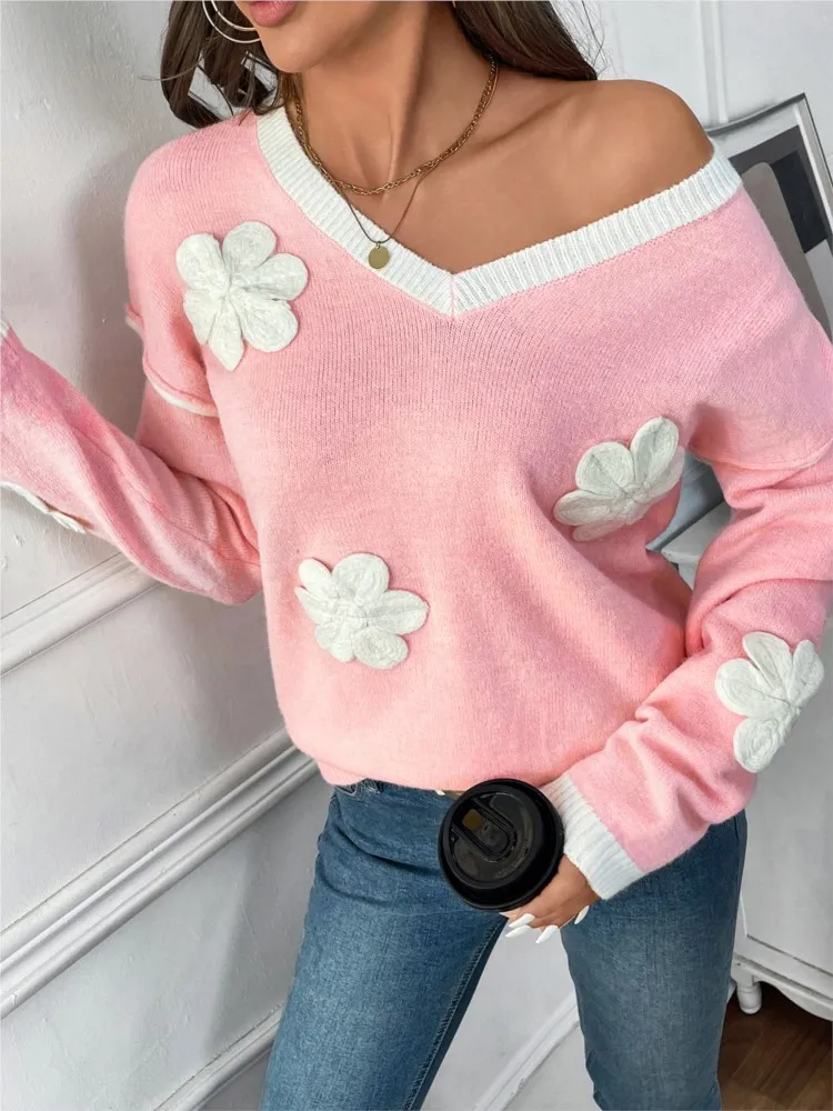

Winter Clothes Woman Pulls Femmes Long Sleeve V-neck Sweater All-match Loose Simple Style Pullover Comfortable Commuting Trendy