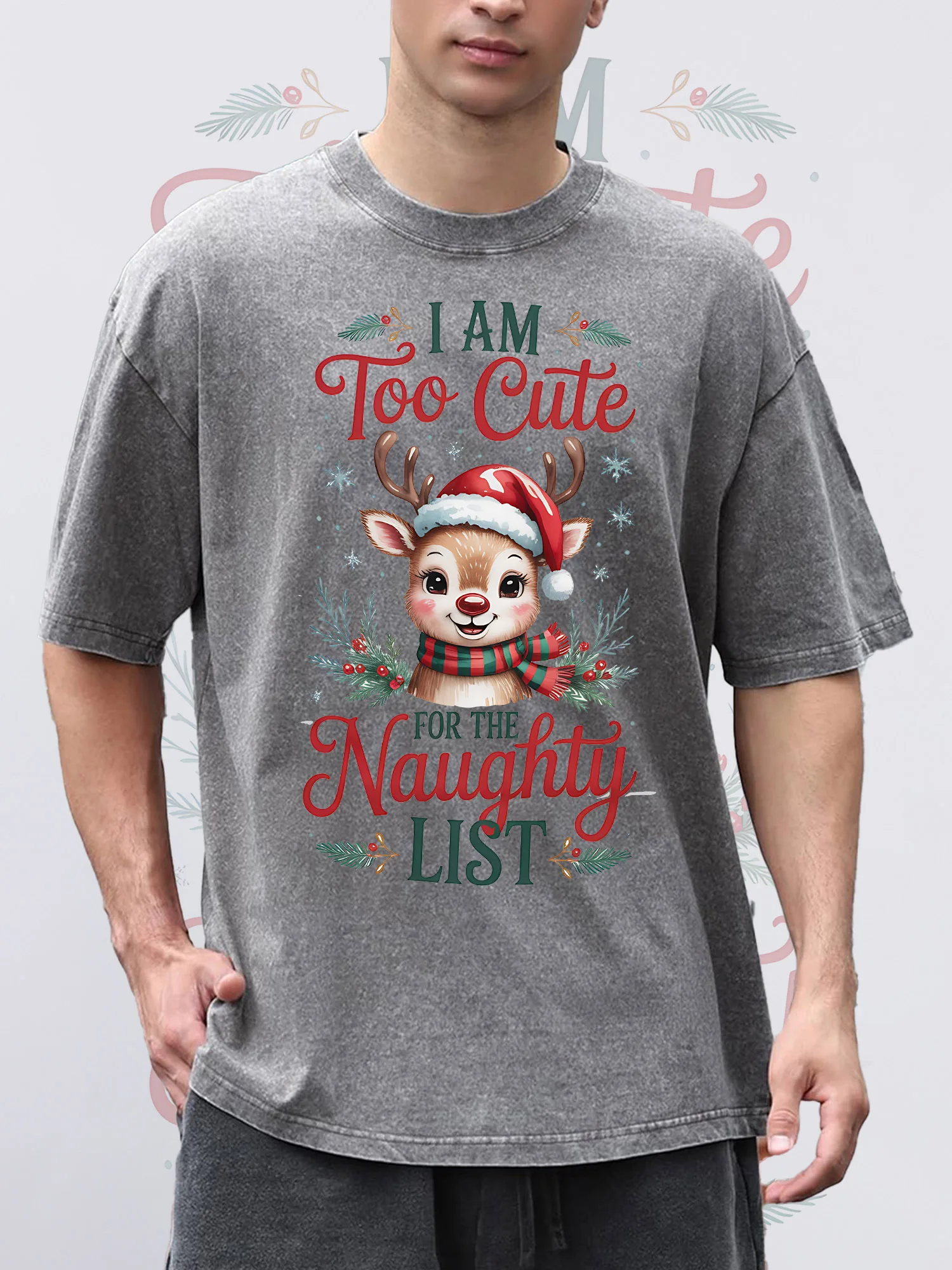 

Men's T-Shirts Too Cute For The Naughty List Printed Grey Short-Sleeve Crew Neck Loose Summer 100% Cotton Acid Washed Christmas