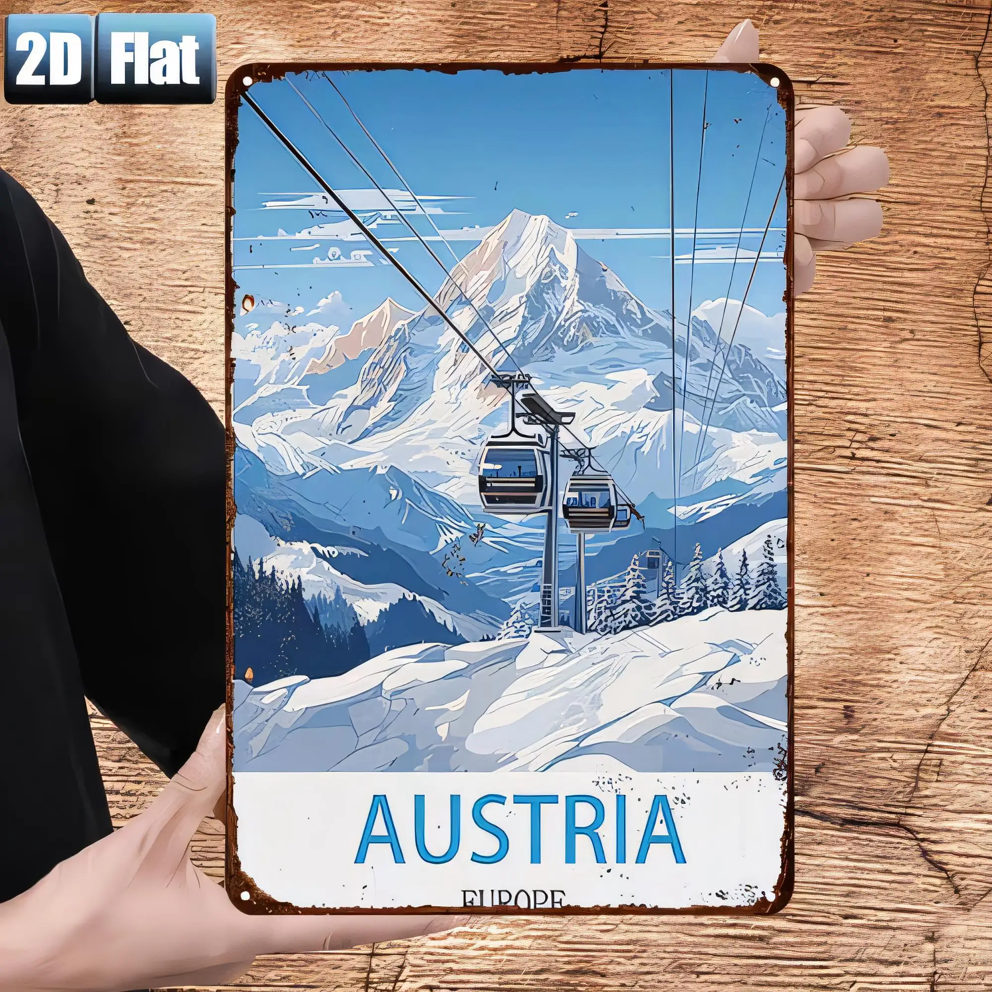 Tin Sign for Ski Lovers, Austria Alps Mountain Cable Car Vintage Metal Plaque Wall Decor, Retro Travel Souvenir,   Indoor Outdoo