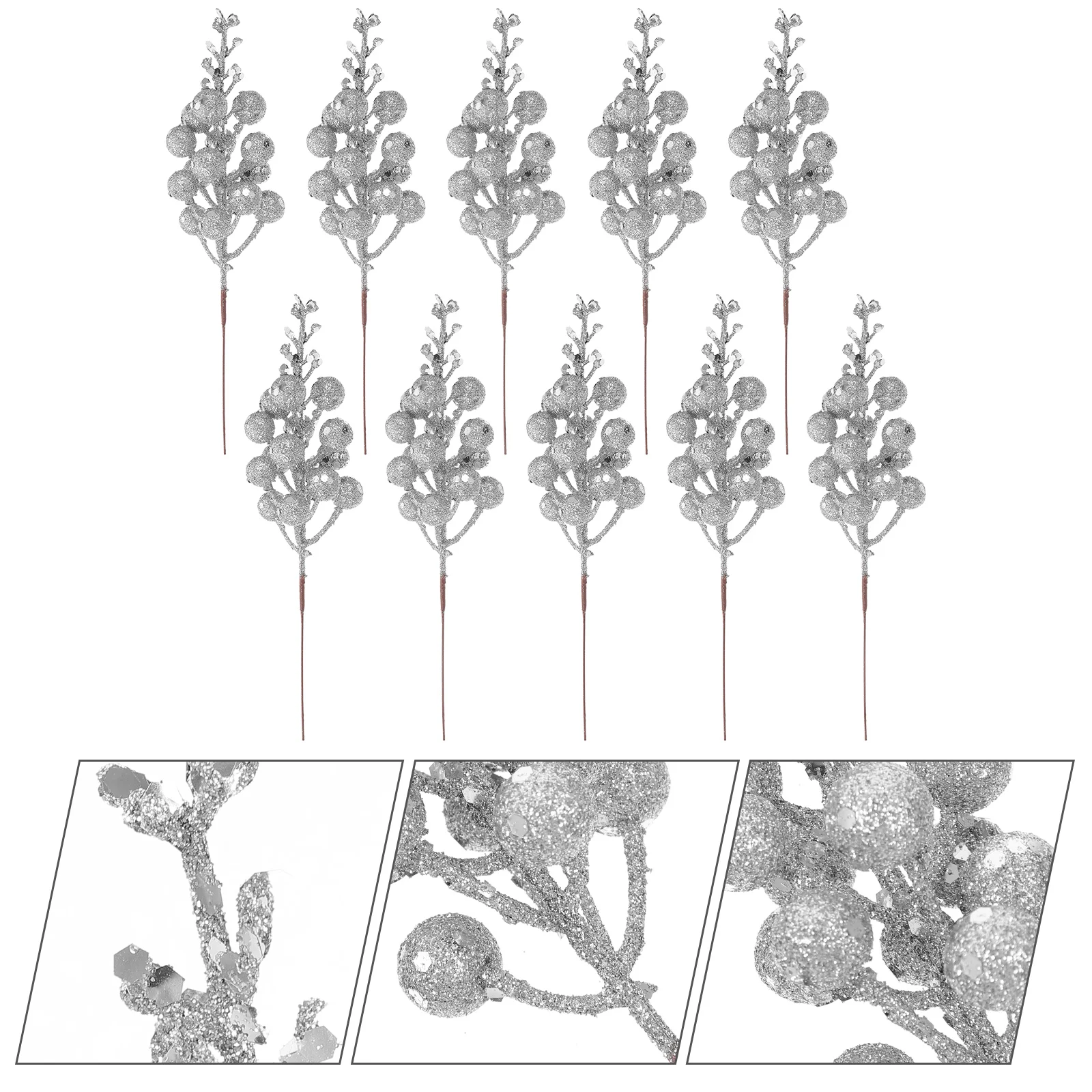 

10 Pcs Simulated Snow Berry Tread Artificial Stems Branches Leaf Faux Christmas Tree Decorations Ornaments Silver