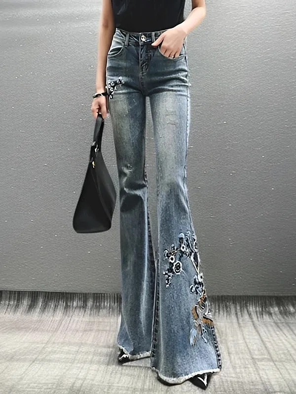 

Женские джинсы-клеш с высокой талией, эластичные, с рваными краями, из микро-клеша, повседневные, из хлопка, антибактериальные, весна 2026