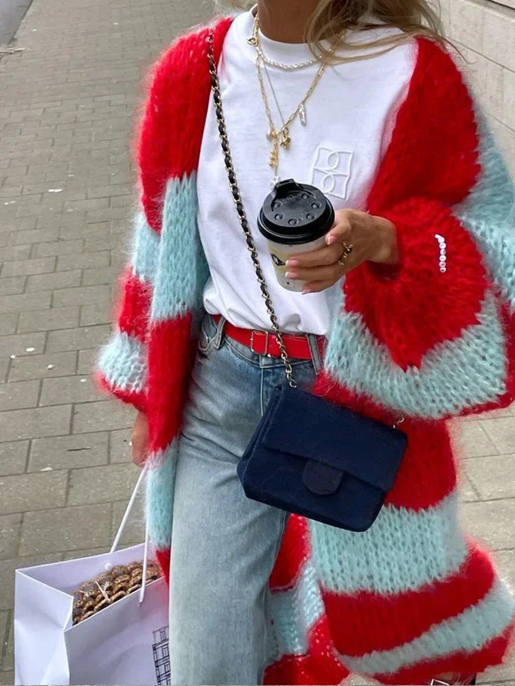 Moda w paski długi sweter sweter damski latarnia z długim rękawem luźny Oversize płaszcz z dzianiny jesień Lady Chic Streetwear płaszcz