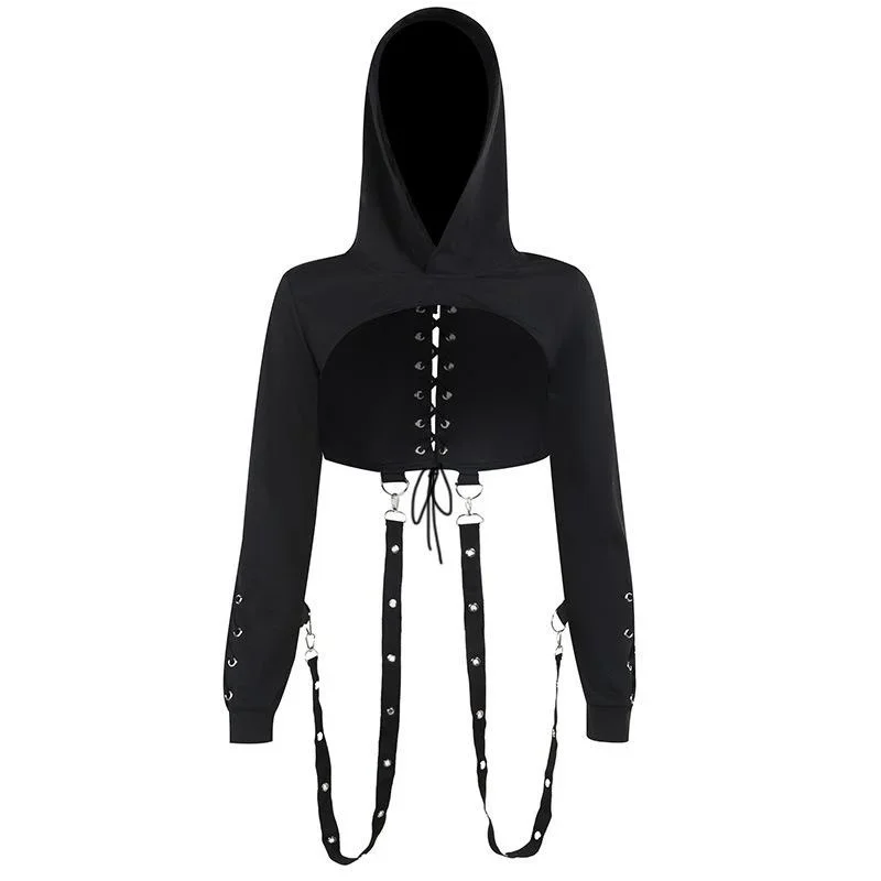 Women\'s Plain Punk Gothic Long Sleeve Eyelet Cropped Top Hoodie Hooded Shirt Tops Girls with Buckled Straps and Lace Up Back