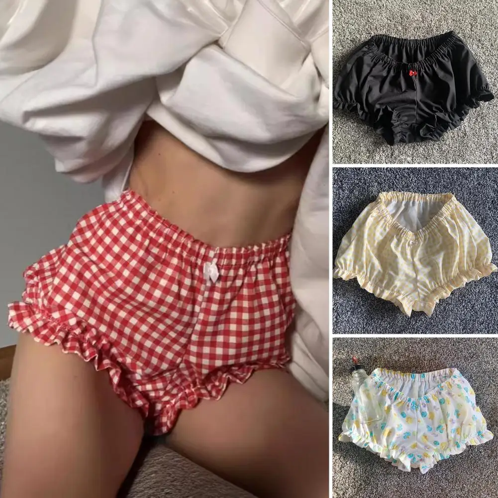 2024 Women'S Summer Red Checkered Shorts Elastic Waist Ruffled Edge Cake Shorts Bottom Sweet Girl Lolita Petipants Bloomers