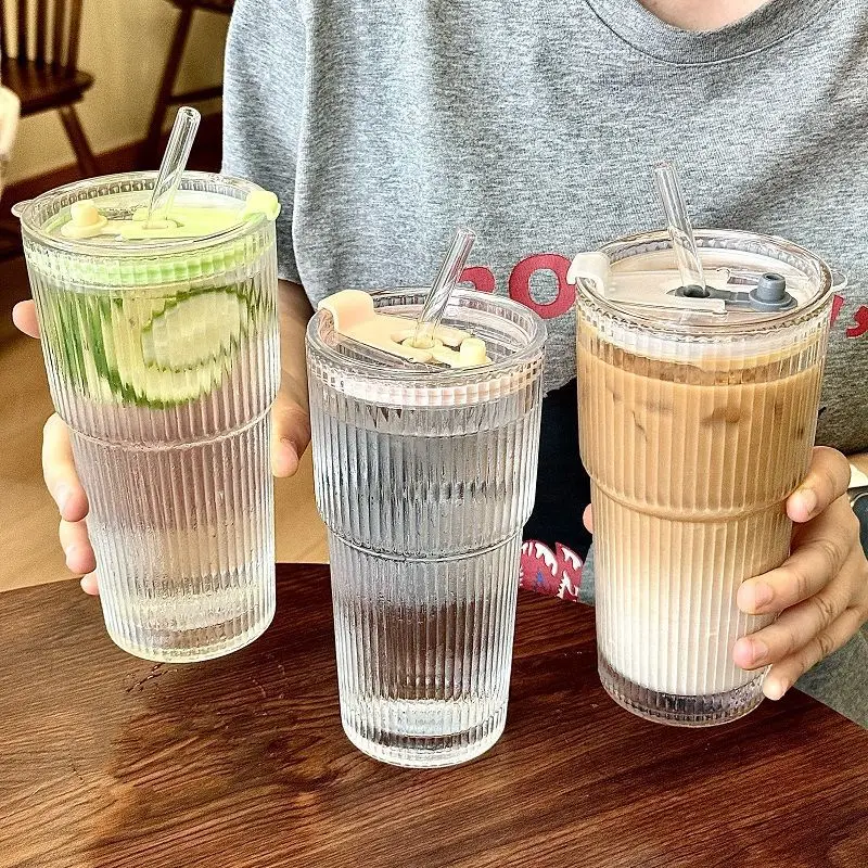 

Instagram-style Striped Glass Cup with Lid and Straw Clear Drinking Cup Suitable for Juice, Water, Iced Coffee Beverage Cupware