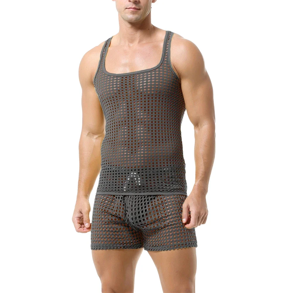 Sexy Mens Clothes Set Fishnet Hollow Out Tank Tops Sleeveless T-shirts Vests With Transparent Mesh Shorts Suit Male Undershirts