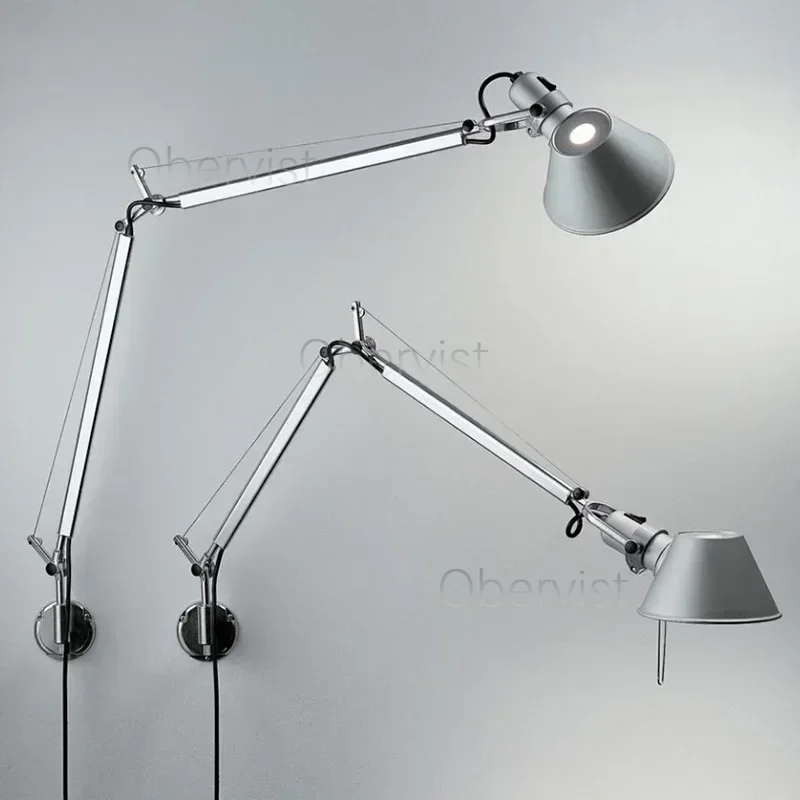 Lámpara de Pared LED Italiana de Brazo Largo, Metal Plateado y Negro, para Dormitorio, Estudio, Lectura, E27, Interruptor, Giratoria, Ajustable, Decorativa
