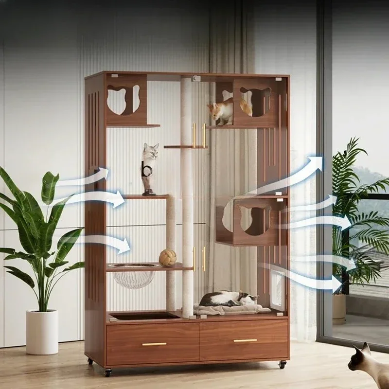 Solid wood cat villa with toilet integrated home, luxurious panoramic cabinet, high-end and oversized cat cage