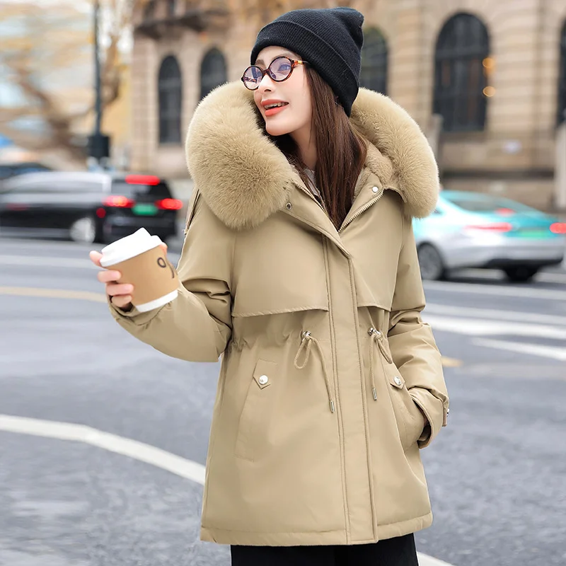 2022 Streetwear Winter Parka Vrouwen Fleece Fluwelen Jassen Winddicht Warm Dikker Bovenkleding Losse Grote Bontkraag Kapmantels