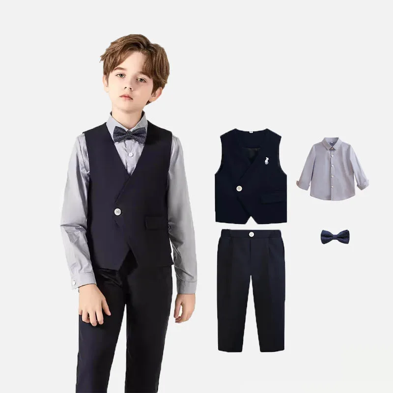 4Pieces/Set Vest Shirt Pants BowTie Children Photograph Suit Boys Festival Ceremony Dress Kids Wedding Performance Costume