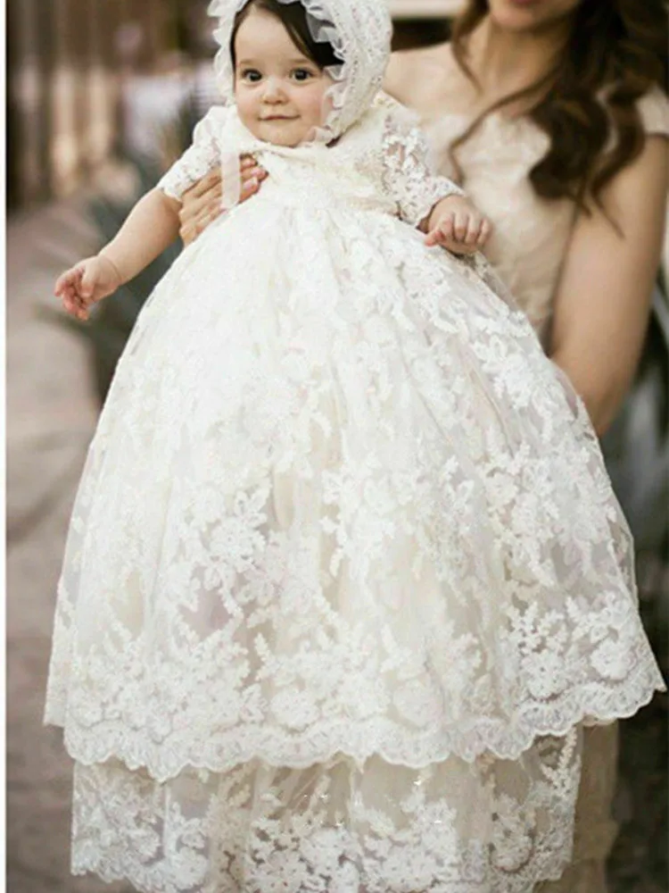 Half Sleeve White Dresses for Girl Baptism Baby Girl Clothing 1 Year Birthday Party Toddler Christening Gown Infant Girl Dress