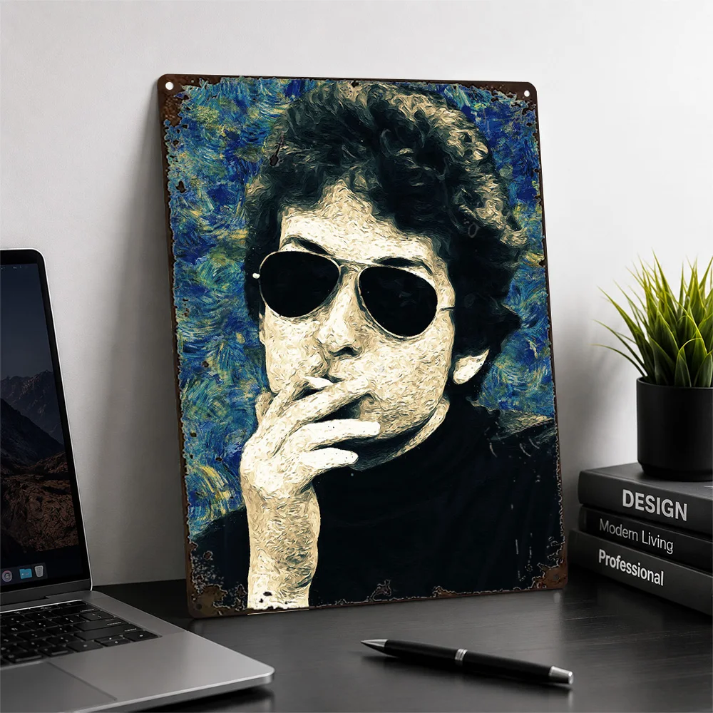 Bob Dylan Sunglasses Portrait Aluminum Poster Starry Night Inspired Wall Art For Bedroom Personalized Metal Sign Songwriter Gift