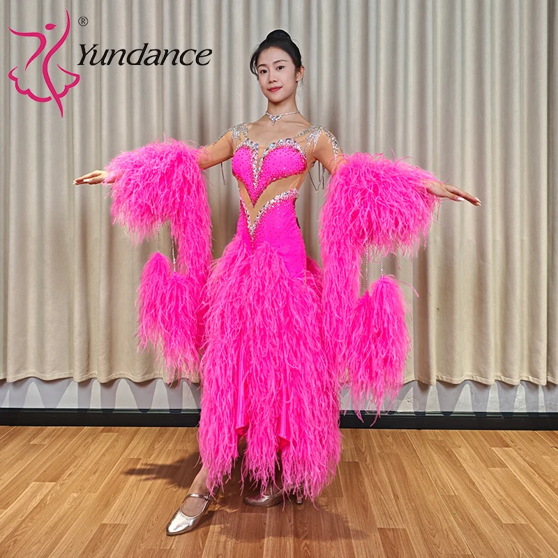 B-26073 Custom International Standard Ballroom Dance Dress for Women Chrisanne Satin Chiffon Ostrich Feathers Costume