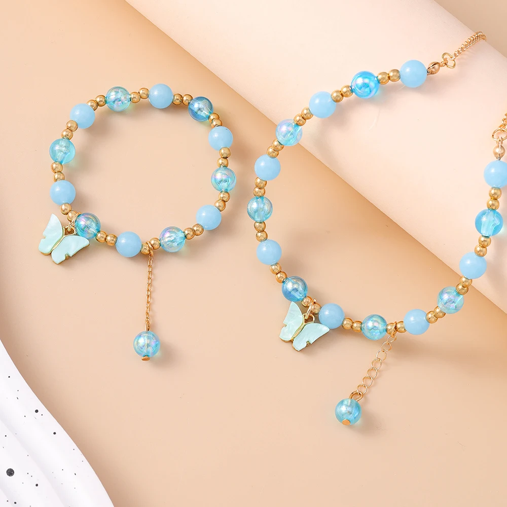 Aihua Romantische rosa Kristall Schmetterling Armband Halskette für Frauen Mädchen bunte Popcorn Perlen Halsband Halskette Schmuck Set – Detail 6