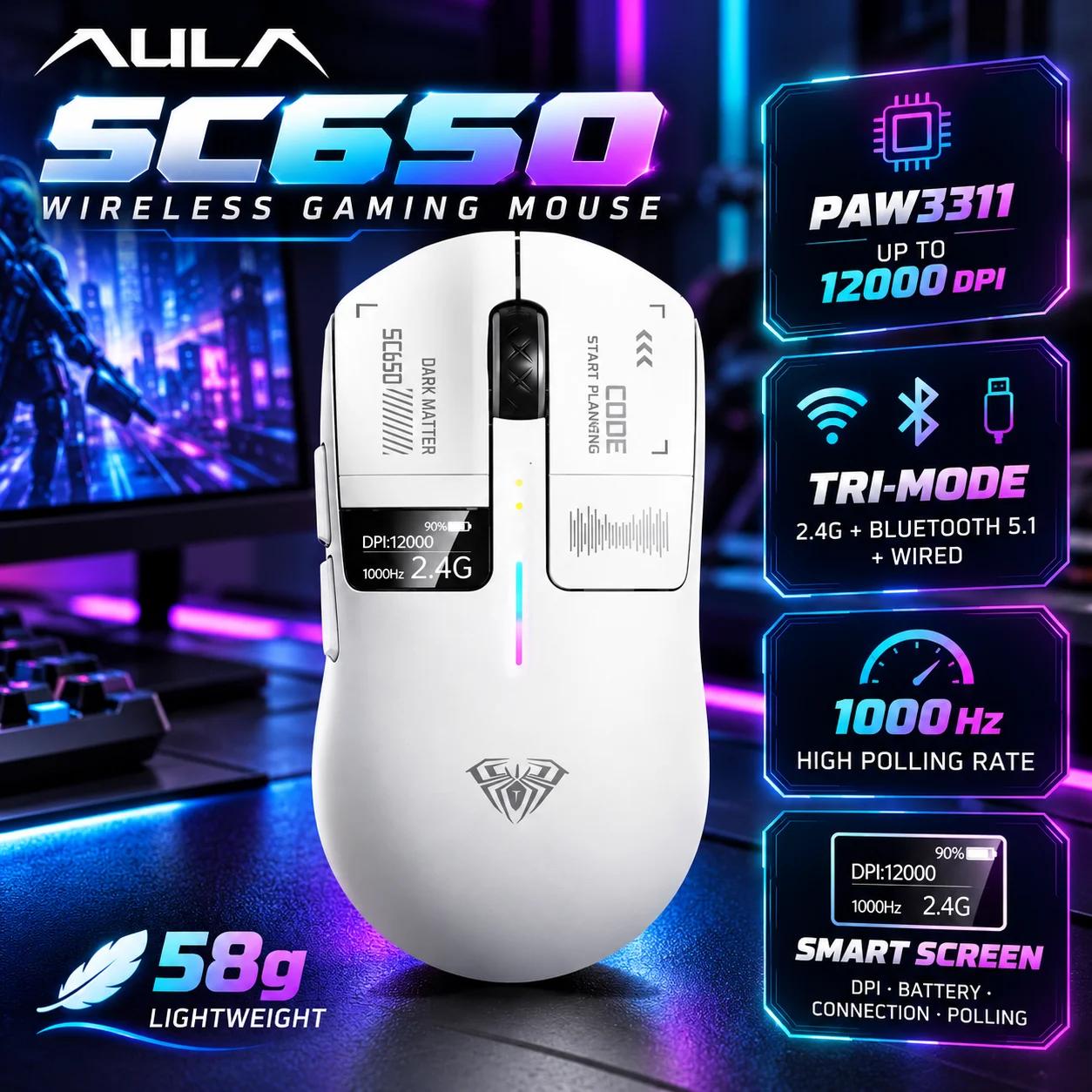AULA SC650 Tri-Mode Wireless Gaming Mouse PAW3311 12000 DPI 1000Hz RGB Smart Screen 500mAh