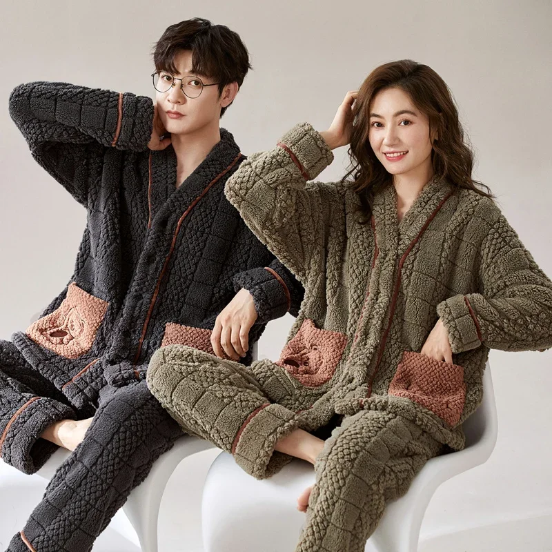 Autumn and Winter 2024 New Big Brand Pajamas Couple Set Women Coral Fleece Flannel Men's Homewear Kimono Pyjamas New Year Gift