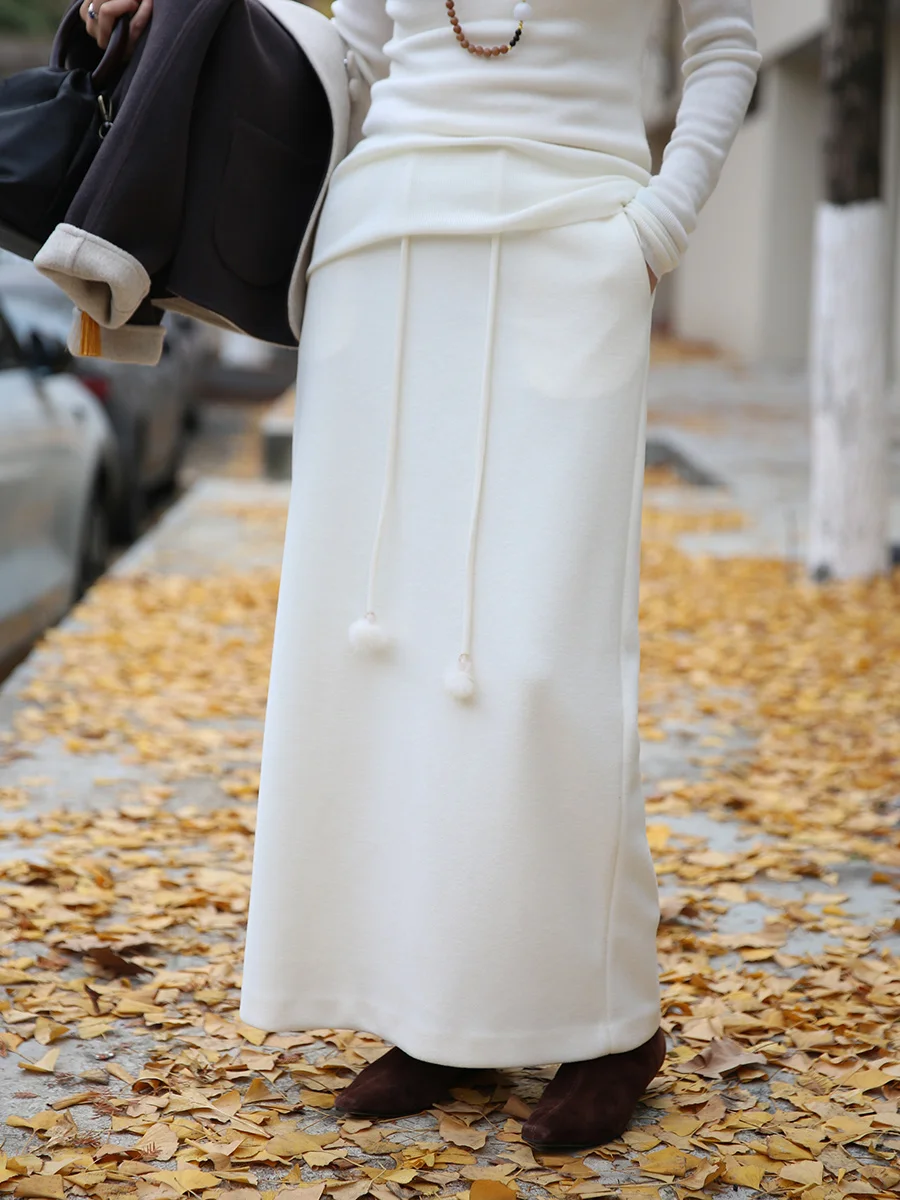 

Retro Faionable Acetate Wool Casual Tassel Belted Woolen Skirt Loose Fit H-Line Midi Skirt for Women in Their Thirties