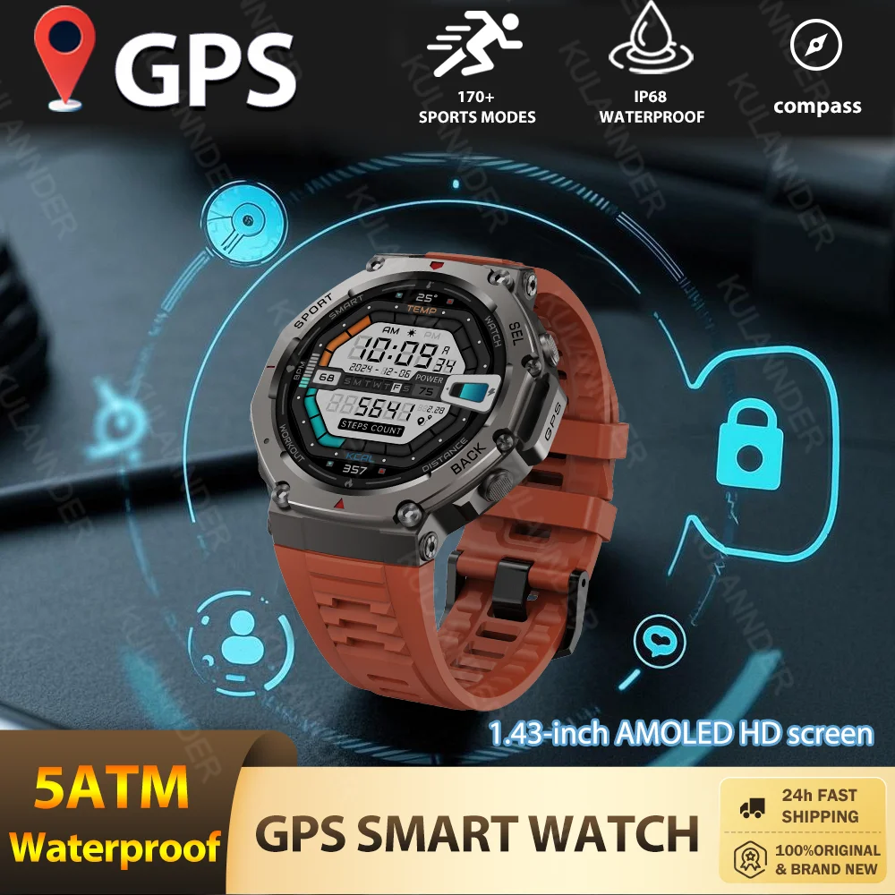 

Новинка для Xiaomi Huawei, мужские спортивные умные часы, 30-метровый глубиной водонепроницаемый 1,43-дюймовый AMOLED-экран, GPS-барометр, альтиметр, умные часы