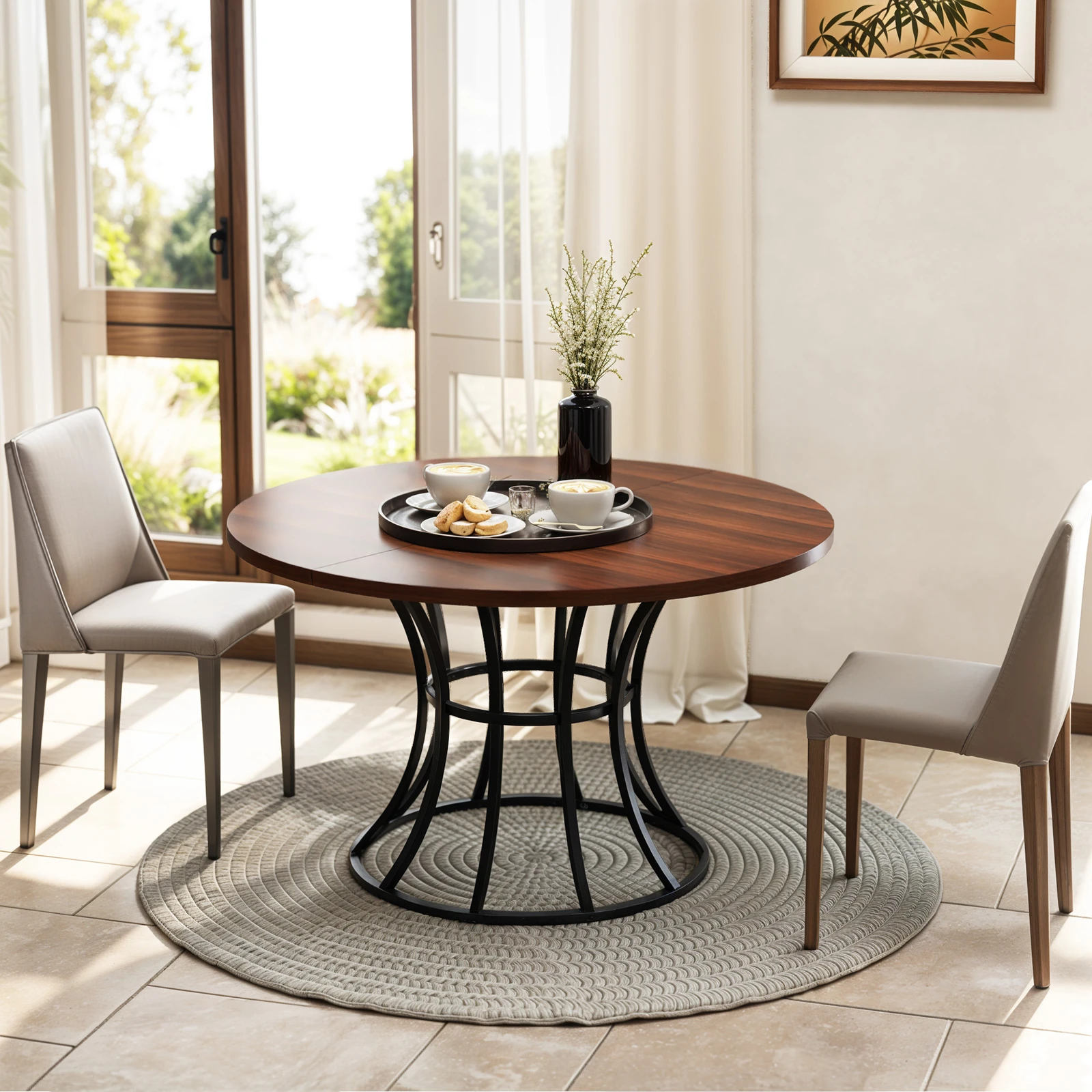 

45" Dining Table 4 People Kitchen Round Desk Living Room Brown Leg