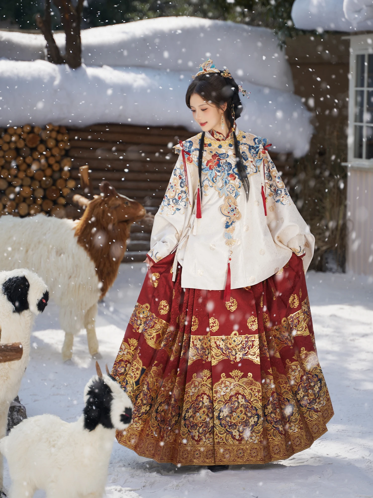 New Year's Greetings Traditional Ming Dynasty Hanfu Women's Winter Fashion Snake Year Print High Waist A-Line Skirt Hanfu