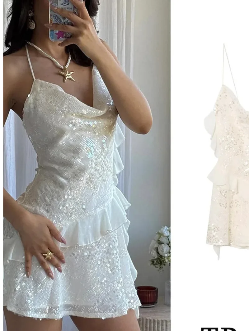 Sexy Chic femmes robe solide Cami dos nu paillettes à plusieurs niveaux Mini robe courte nouvelle mode 2025 été Club robe de soirée U2DD