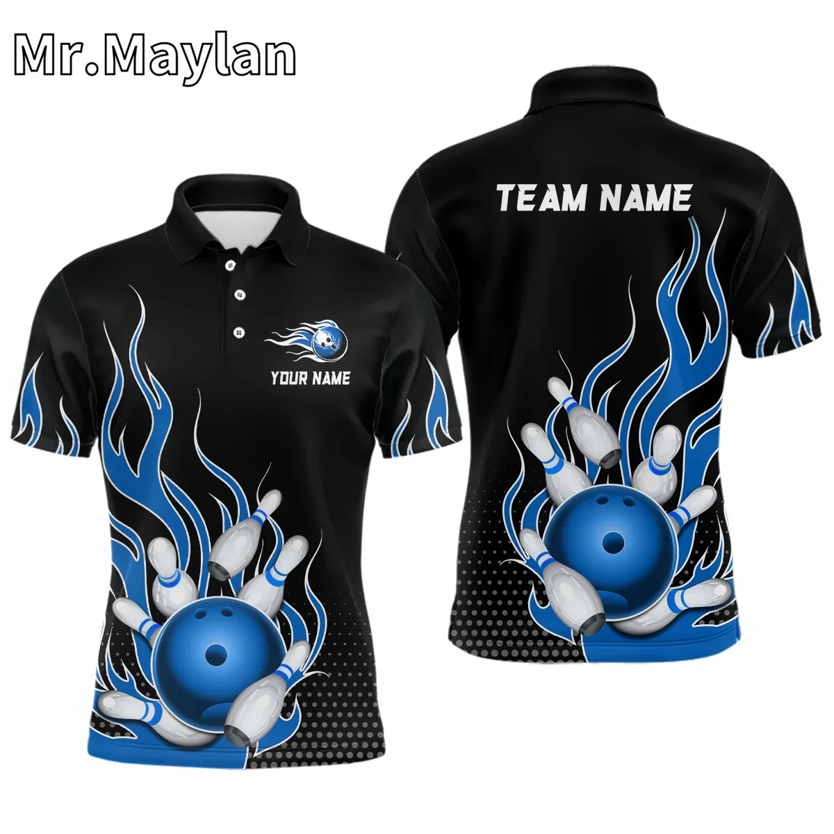 3D Blue Flame Bowling Polo Shirts for Men And Women Custom Bowling Team Jerseys Outfits Gift for Bowling Lovers Unisex Tee Tops