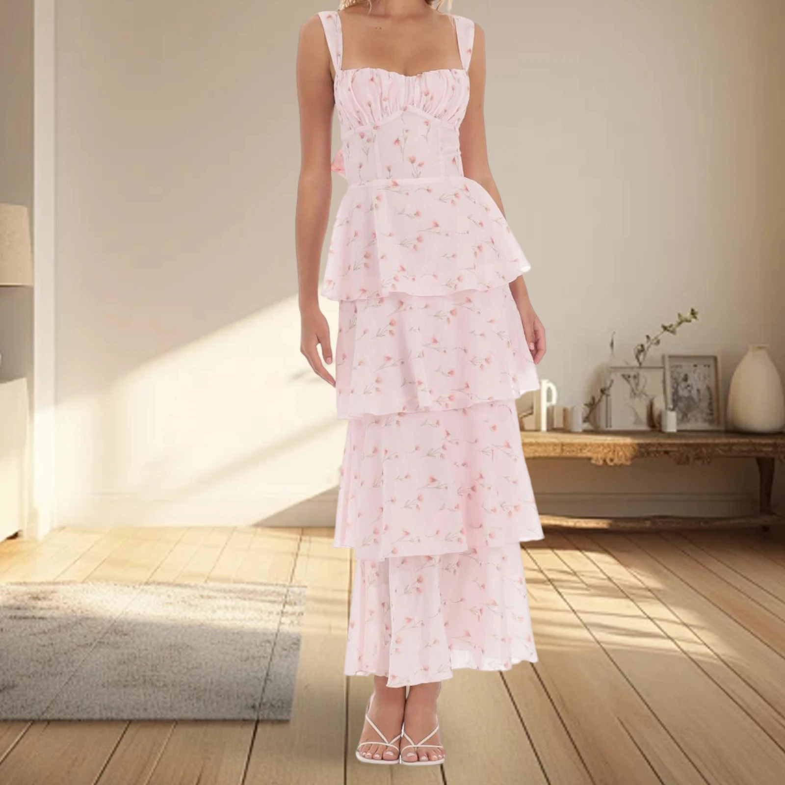 Robe longue d'été pour femmes, nouvelle mode, sans manches, dos ouvert, imprimé floral, robe de plage à plusieurs niveaux, offre spéciale S M L