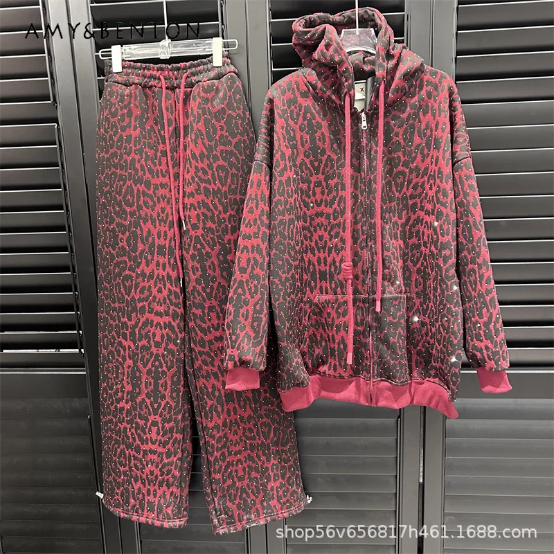 

Heavy Industry Rhinestone Star Leopard Print Fleece Loose Long Sleeves Cardigan Jacket And Elastic Waist Long Pants 2 Pieces Set