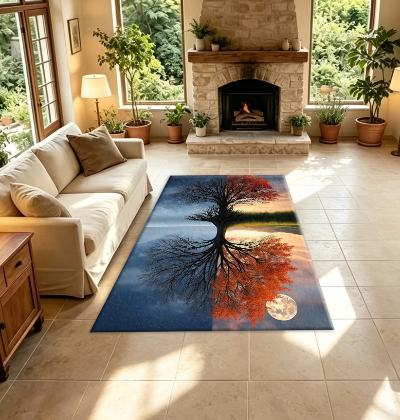 Magical Dual-Season Tree Moon Landscape Rug, Dreamy Day and Night Artistic Scenery Floor Mat, Suitable for Bedroom Home Decor