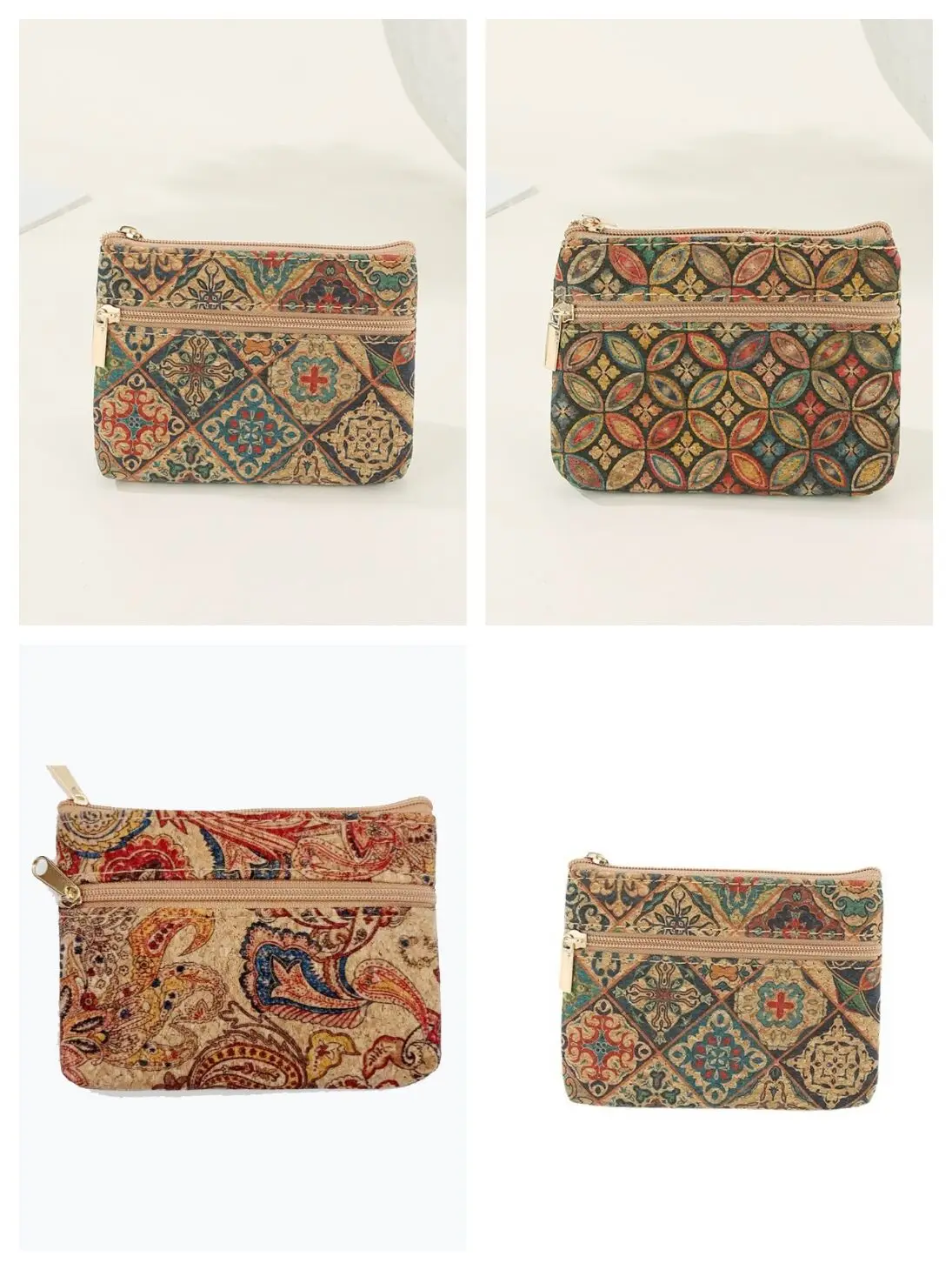 10pcs Coin Purses Cork Leather National Printing Double Layer Lipstick Ear Line Storage Bag Mix Color