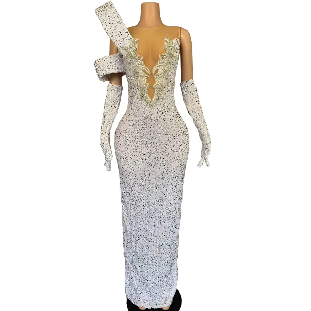 Damskie błyszczące, ręcznie robione sukienki klubowe Białe cekiny Kryształowe luksusowe suknie wieczorowe Damskie stroje sceniczne na przyjęcie urodzinowe