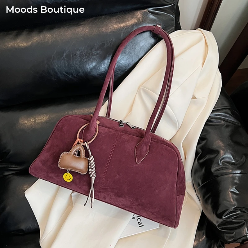 

MOODS 2025 Autumn New Fashion Boston Shoulder Bags For Women Suede Pure Color Big Capacity Luxury Designer Handbags With Pendant