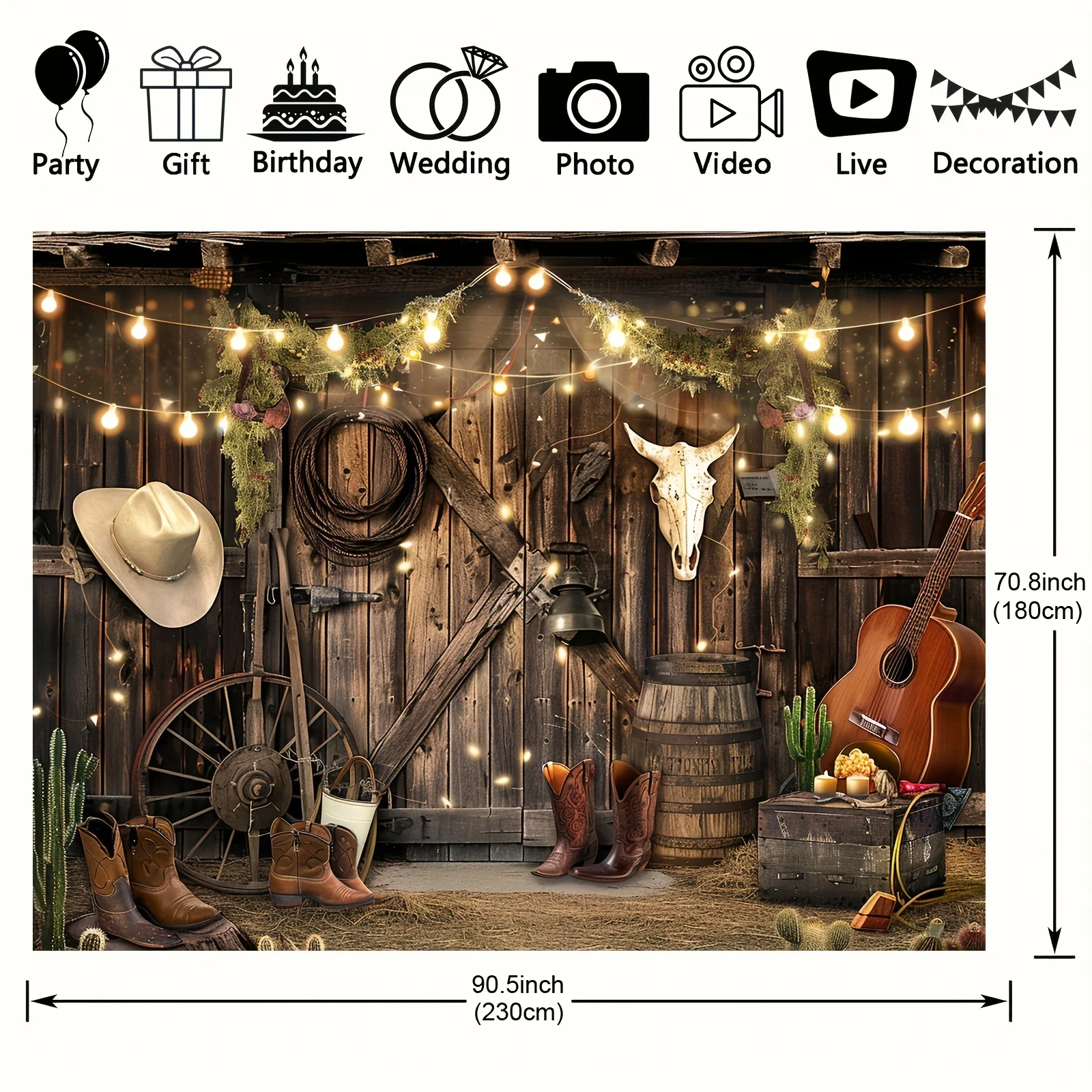 Cowboy themed Polyester background - rustic wooden doors and denim accessory party banners for birthdays, bachelorette parties