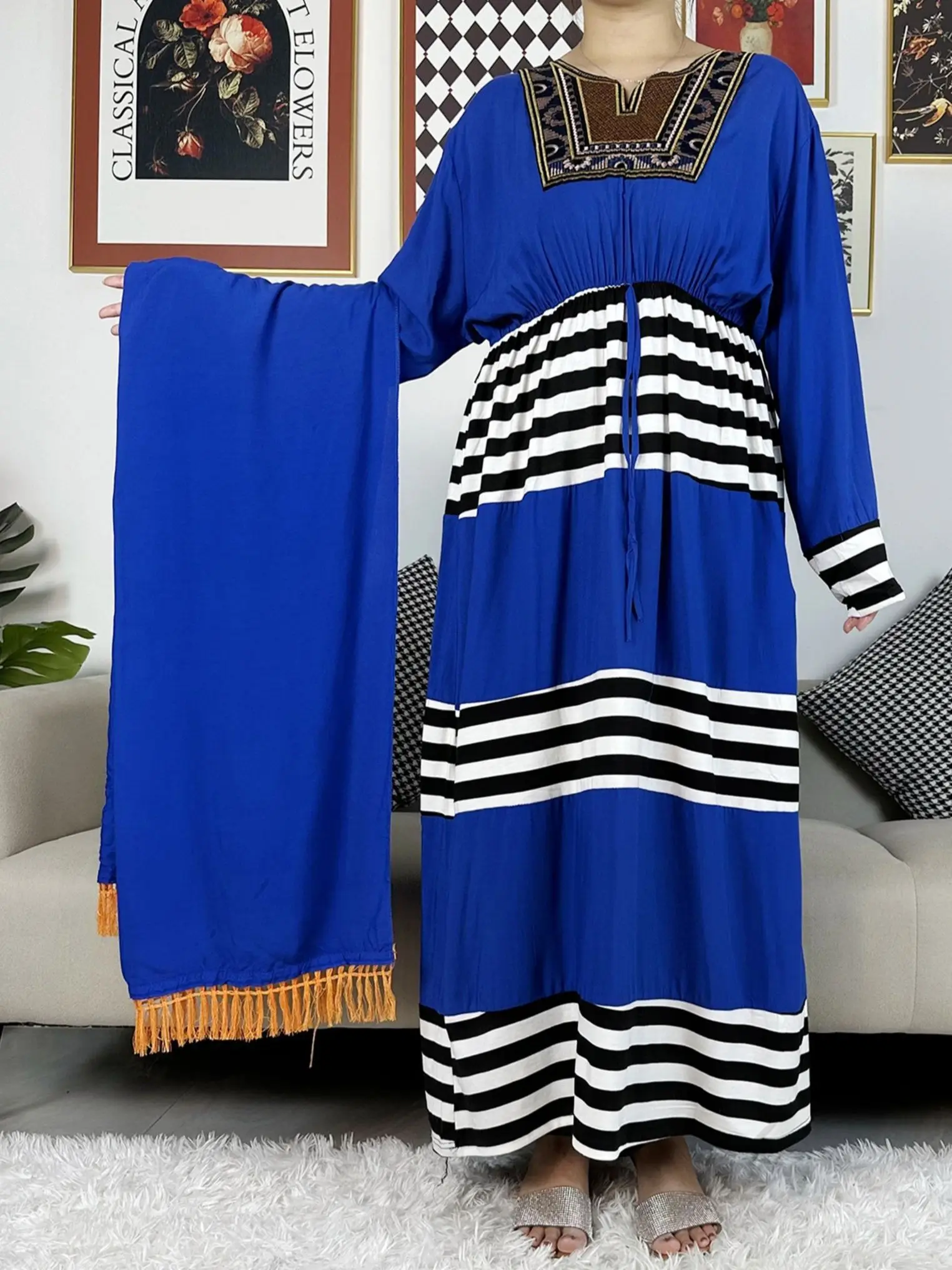 2023 New African Kaftan Women Cotton Abaya Dresses Long Sleeve Loose Style Dashiki Dubai Stripe Long Lady Dresses For Lady