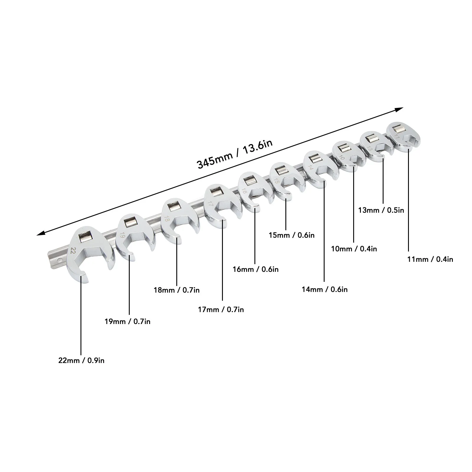 10pcs Crows Foot Wrench Set 10mm to 22mm Sizes Metric Nut Wrench for 3/8in Drive Ratchet