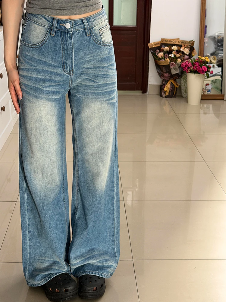 

Blue High Waist Wide Leg Jeans Women's Summer New Style Slimming Washed Floor-Length Pants American Retro Style Casual Jeans