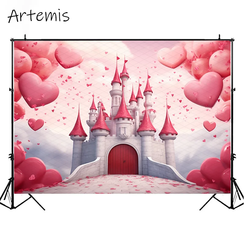 Valentine's Day Backdrop Pink Castle Red Hearts Love Romantic Dreams Children's Birthday Portrait Background Photo Studio