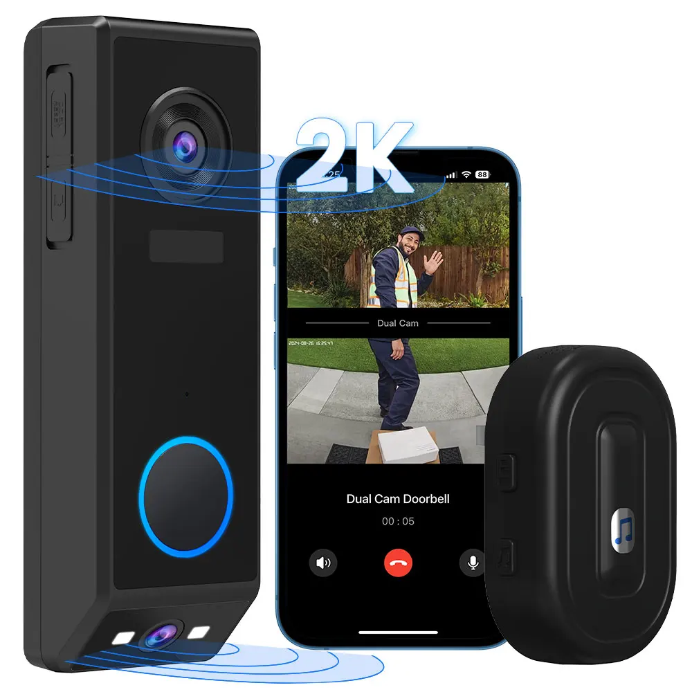 UCOCARE Security Video Doorbell Dual Cameras Wireless With Chime Delivery Guard 2K FHD Night Vision Wired or Battery Powered P10