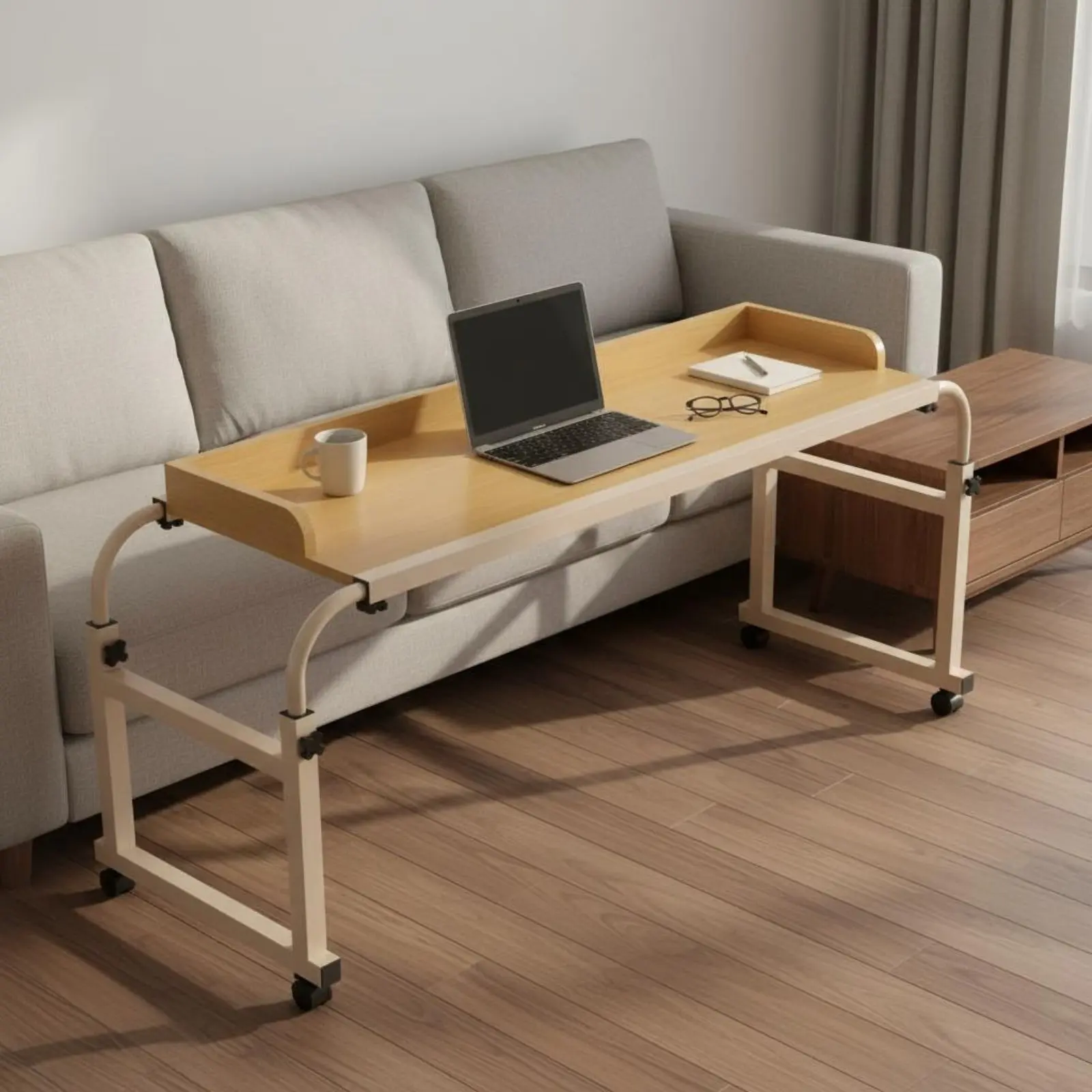 Adjustable Height Overbed Desk Space-Saving Design Cross Bed Computer Table C-Shaped Bed Side Table Sturdy Frame for Dorm Room