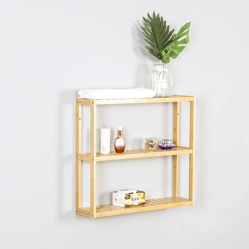 Narrow Wall Shelves with 3 Tier Adjustable Height Stand Unit Organizer Wooden Storage Rack Small Bamboo Open Standing Shelf