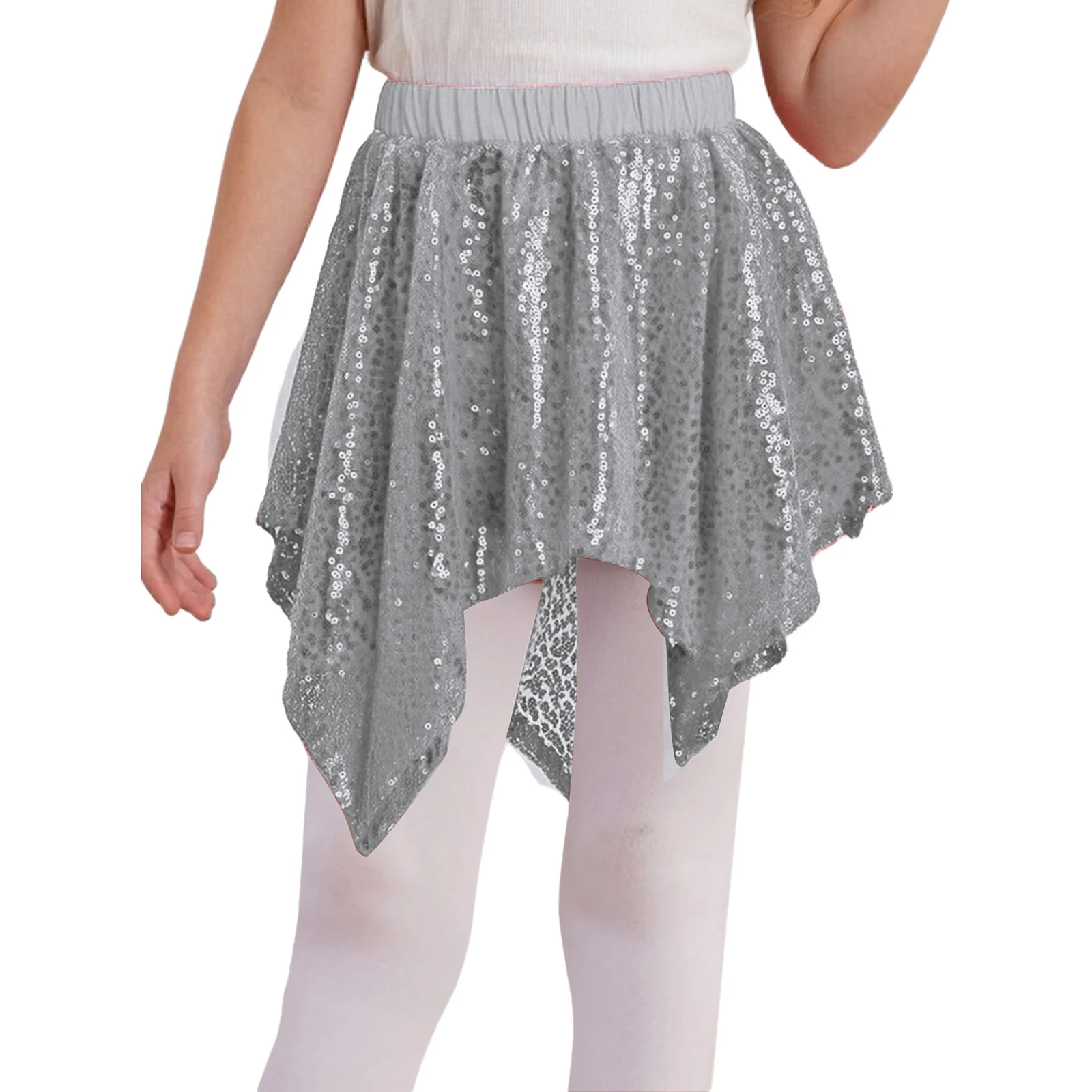 

Girls Elastic Waistband Sparkling Sequins Irregular Hem Skirt with Built-in Shorts for Jazz Dance Cheerleading Performance