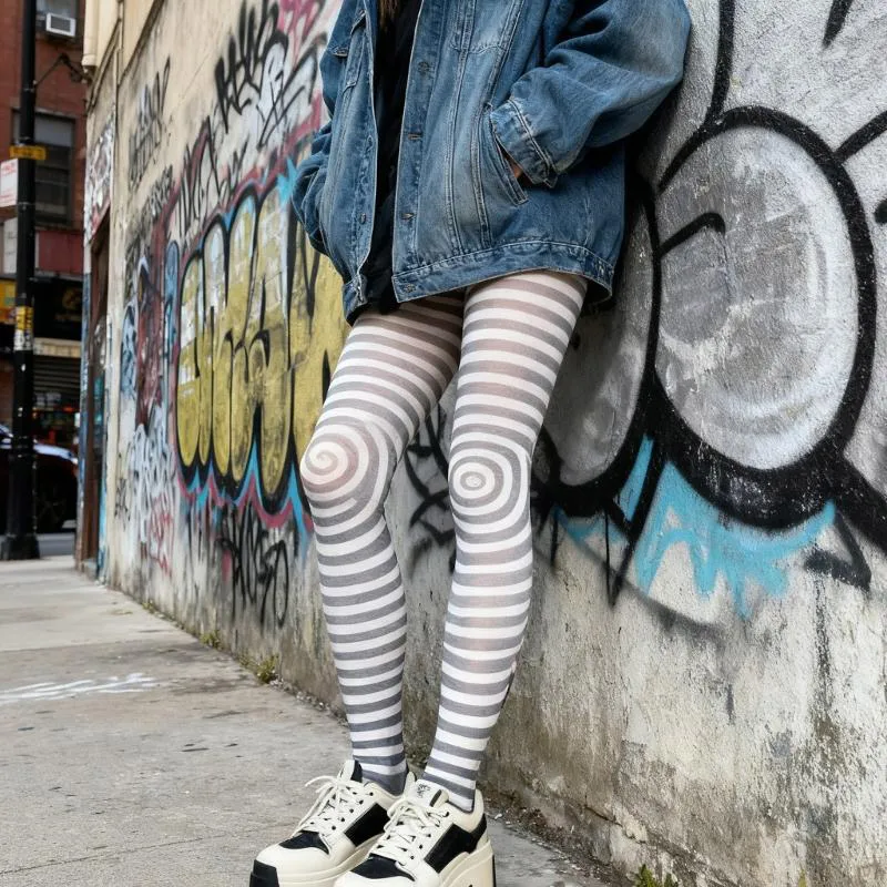 Japanische Ästhetische Blickdichte Strumpfhosen Spiralförmig Gestreifte Gemusterte Strumpfhosen Leggings Damen-Strumpfhosen