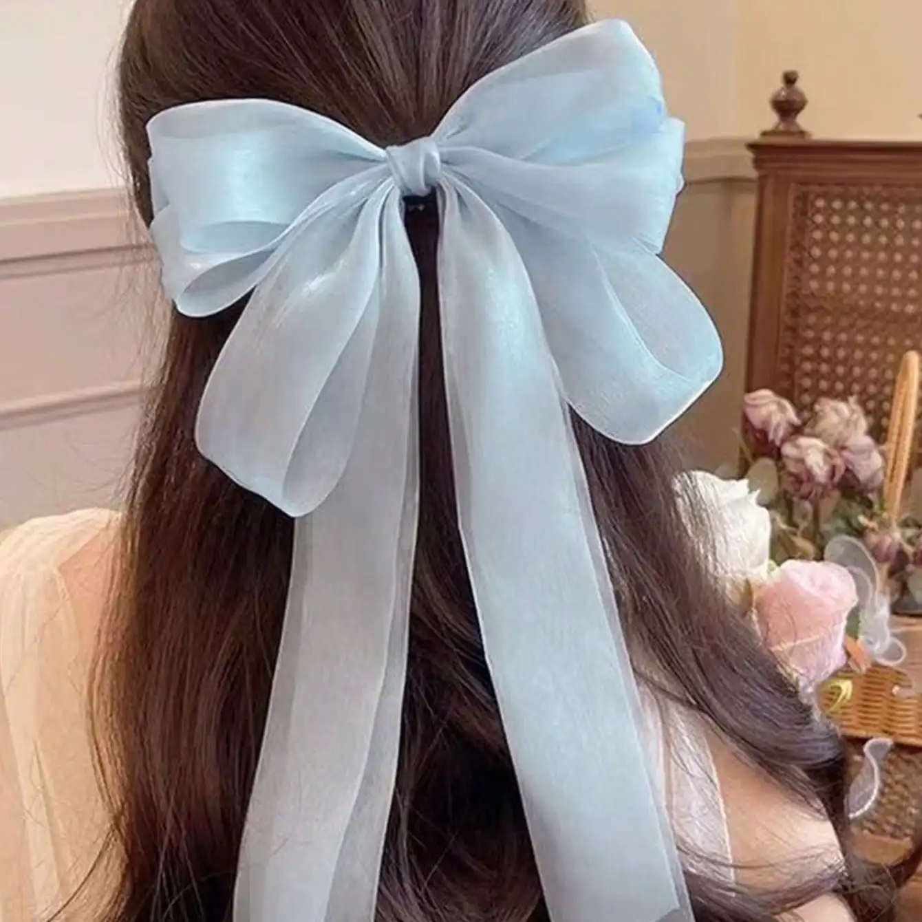 1 Uds. De cinta Extra larga de satén azul, accesorios para el cabello con lazo para el cabello para mujeres y niñas, pinzas para el cabello de seda, pasador para el cabello grueso y fino