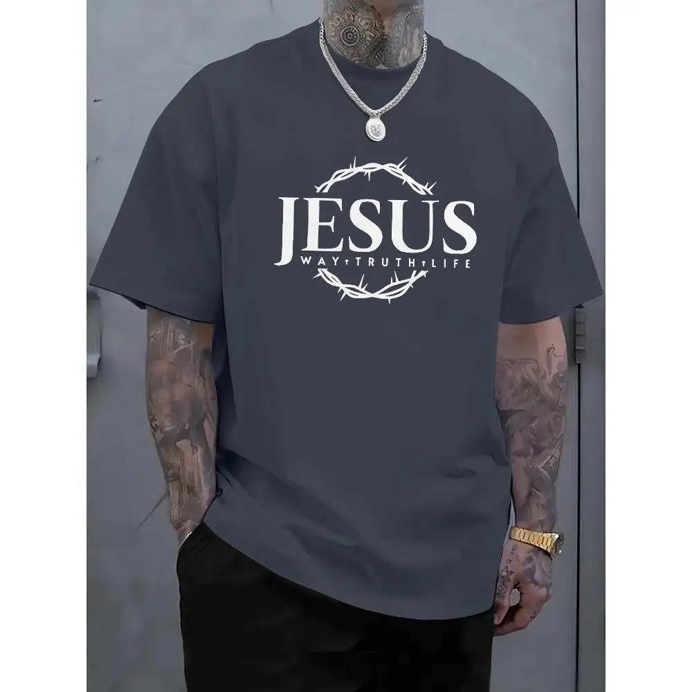 تي شيرت رجالي كاجوال برسومات صيفية - طباعة "JESUS"، تصميم شائك، داكن، كم قصير، قابل للغسل في الغسالة، ملابس دينية
