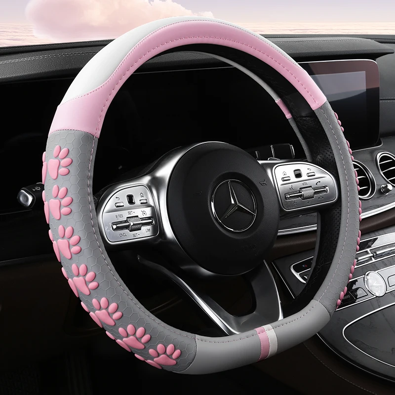 Car Steering Wheel Cover Universal Anti-Slip Cat Claws Leather Car Steering Wheel Protective Cover 38CM Cute Pink Type O DD D