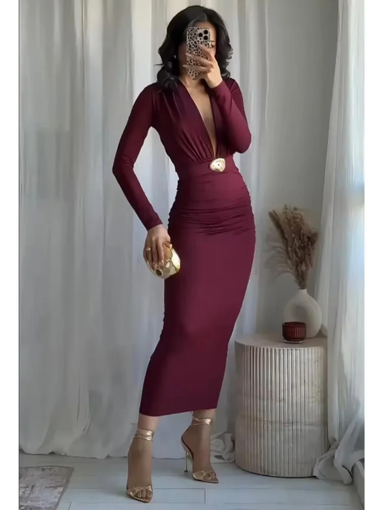 ชุดเดรสทรงเข้ารูปคอวี แขนยาว ผ้าเนื้อแน่น โชว์สัดส่วน  สำหรับผู้หญิง  แฟชั่นฤดูใบไม้ผลิ 2026