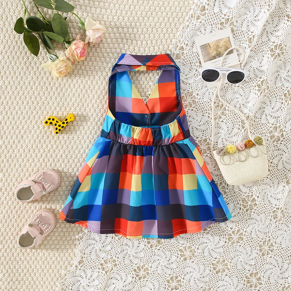 Summer Colorful Plaid Cotton Suit Collar Baby Girl Dress Cute Sleeveless Girl Princess Dress