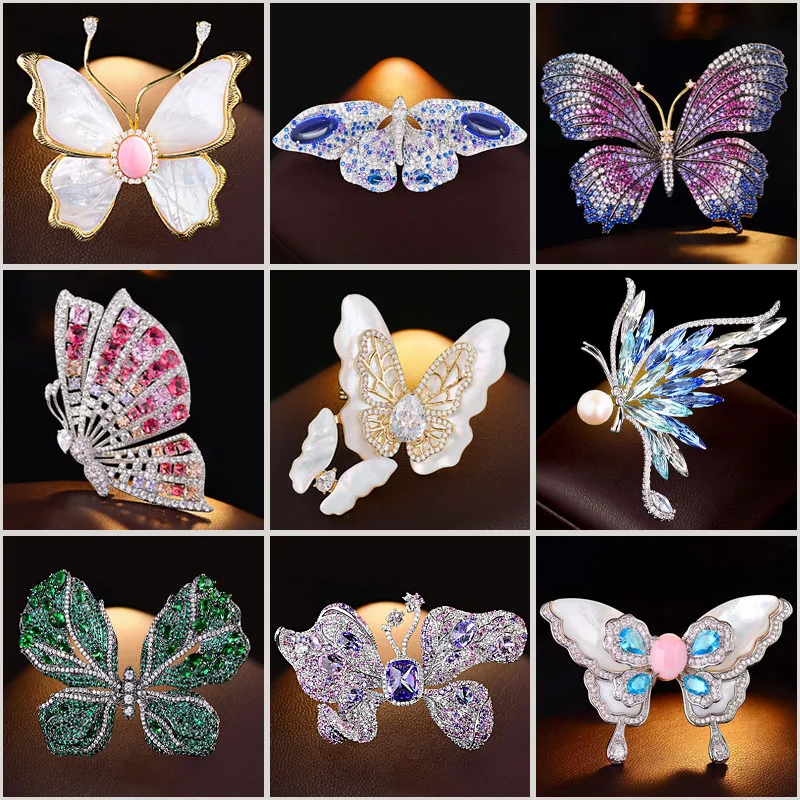 Heavy Industry Elegant Natural Seashell Micro-inlaid Zircon Butterfly Brooches for Women Personalized Exquisite Insect Broche Pi