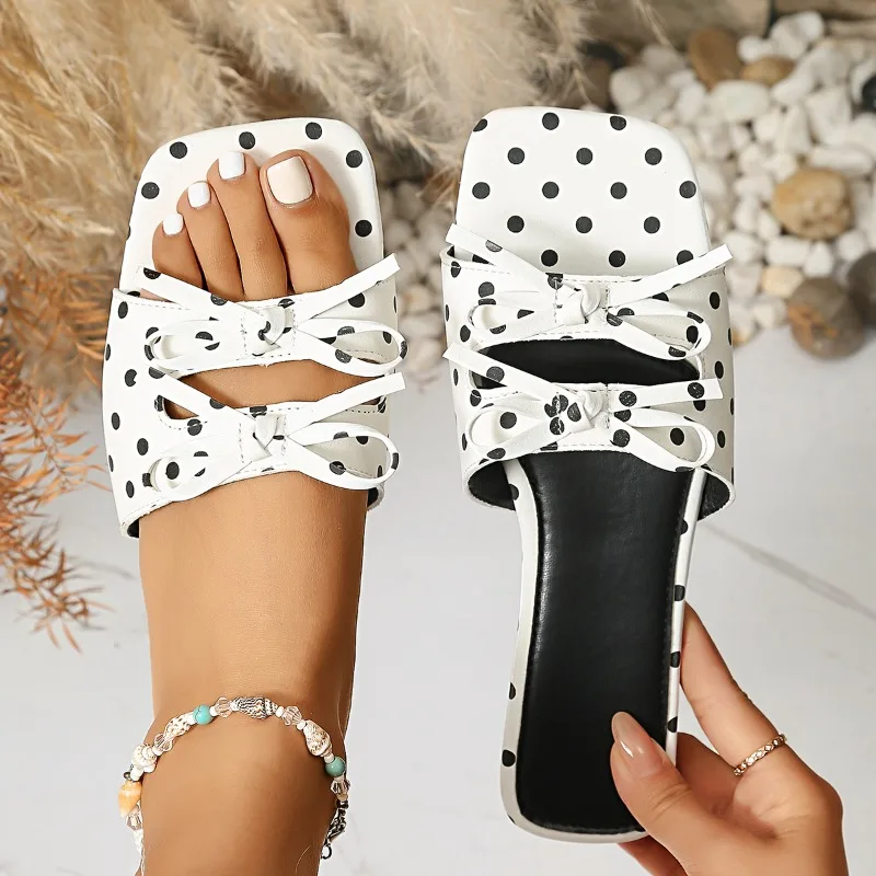 Summer Women's Wave Point Style Bow Embellishment Square Open Toe Lightweight Comfortable Slippers Women Elegant Fashion Sandals